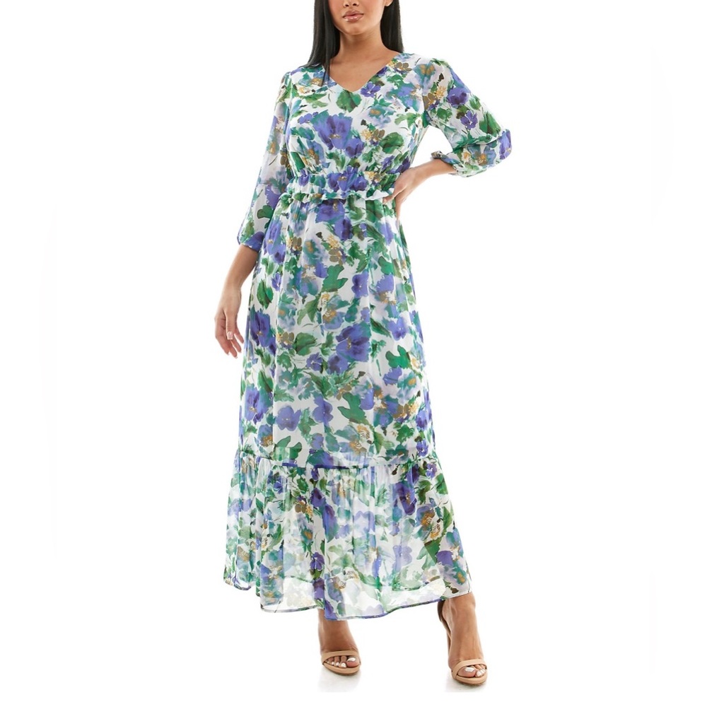 NWT Nina Leonard Chiffon Printed Maxi Dress Size Small
